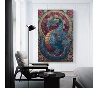 POLIUAWS Stained Glass Dragon Artwork for Living Room Animals Grey Wall Art Home Office Kitchen Gallery Corridor Bathroom Wall Decor Ready To Hang 16x24inch(40x60cm)