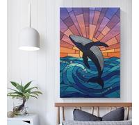POLIUAWS Stained Glass Whale Leaping from Ocean Vintage Picture Modern Wall Artwork Decor Living Room for Wall Decor Gifts Women Men 24x36inch(60x90cm)