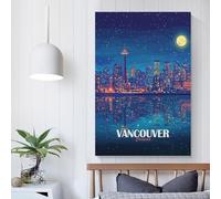 POLIUAWS Vancouver Canada Night Skyline Illustration Paintings for Bedrooms for Toilet Bathroom Decor Canvas Wall Art 08x12inch(20x30cm)