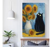 POLIUAWS Vincent's Sunflowers with Feline Friend Paintings for Bedrooms for Teens Girl Women Living Room Decoration Wall Canvas 20x30inch(50x75cm)