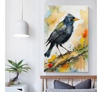 POLIUAWS Watercolor Eurasian Blackbird on Branch Vintage Travel Posters Landscape 20x30inch(50x75cm) Canvas Wall Art Print Painting for Wall Decor Living Room Bedroom