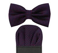 Polka Dot Accessory Set: Pre-tied Adjustable Satin Bow Tie & Matching Pre-folded Pocket Square (2pc) (Navy Blue/Red)