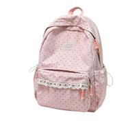 Polka Dot Backpack Lace Trim Rucksack Cute School Bag Sweet Aesthetic Daypack Shoulder Bookbag with Ruffle Decor Front Pocket Side Pockets Lightweight Fabric for Casual Daily Outing