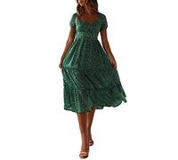 Polka Dot Dress for Women, Puff Sleeves Square Neck Midi Floral Dresses, Ladies Flowy Chiffon Casual Beach Holiday Sundress Beach Dress for Women UK Green