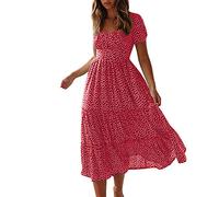 Polka Dot Dress for Women, Puff Sleeves Square Neck Midi Floral Dresses, Ladies Flowy Chiffon Casual Beach Holiday Sundress Sun Dress for Women UK Red