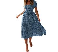 Polka Dot Dress for Women, Puff Sleeves Square Neck Midi Floral Dresses, Ladies Flowy Chiffon Casual Beach Holiday Sundress Maxi Dress for Women UK Blue