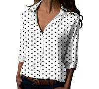 Polka Dot Long Sleeve Shirt for Women Summer Button Up Tops Spring Casual Blouses V Neck Roll Up Collared Top Women Basic Versatile Tops Business Work Loose Fit Custume (White, XL)