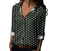Polka Dot Long Sleeve Shirt for Women Summer Button Up Tops Spring Casual Blouses V Neck Roll Up Collared Top Women Basic Versatile Tops Business Work Loose Fit Custume (Green, XL)