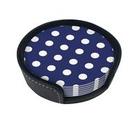 Polka Dot Navy Pattern,Set of 6 Round Coasters, Pu Leather Drinks Coasters with Holder for Home Office Kitchen