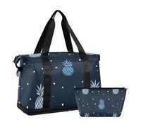 Polka Dot Pineapple Dark Blue Personal Item Travel Bag with Wet Pocket Adjustable Strap Sports Gym Tote Bag for Sports Large Capacity for Men Women