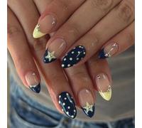 Polka Dot Press on Nails Medium Almond Fake Nails Blue Yellow Nails Press ons with Dots,Stars Design,Full Cover Stick on Nails for Women Spring Summer Manicure,Reusable | Easy Apply | 24Pcs