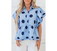 Polka Dot Print Ruffled Short Sleeve Buttoned Collared Blouse- Everyday The Label Blue XL