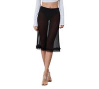 Polka Dot Skirt for Women Ruffle Frill Trim Sheer Mesh Midi Pencil Skirt See Through Beach Cover Up Shirts, Black, S