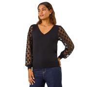 Roman Originals Polka Dot V-Neck Sleeve Knit Jumper for Women UK - Ladies Everyday Autumn Winter V-Neckline Comfy Soft Evening Vacation Work Party Night Out - Black - Size 10