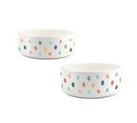 Polka Dots Pet Bowl Set - Multicolour Spots Small Food & Large Water Ceramic Food Bowls - White Feeding Dishes For Dogs (Set of 2)