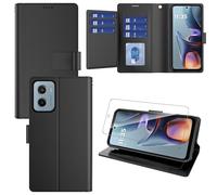 Pollachi Flip Case for Motorola Moto E15 (9 cards) with 1 Screen Protector,Motorola Moto E15 Phone Magnetic PU Leather Foldable Wallet Case with Reid Blocking,Holder and Stand[Black]