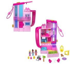 Polly Pocket Barbie Dreamhouse Compact, Dollhouse Playset with 3 Micro Dolls, 1 Puppy, 11 Accessories, Elevator & Pool, HWP11
