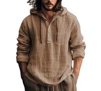 Polo Hoodie, Mens Linen Blend Hooded Work Shirt Long Sleeve Button Down Lightweight UPF Sun Protection Tops Brown X-Large