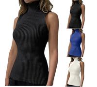 Polo Neck Jumpers for Women UK Sleeveless Mock Turtle Neck Tops Solid Color Knitted Jumper Casual Slim Fit Tank Vest Sexy Party Going Out Tops Soft Spring Summer T Shirts Ladies for Work Office Black