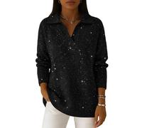 Polo Neck Sparkle Jumpers for Women UK Star Glitter Print Sweater Long Sleeve Elegant Ladies Jumper Casual Loose Sweatshirts Knit Pullover Tops Shiny Dressy Shirts Party Top