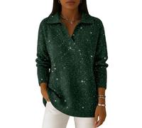 Polo Neck Sparkle Jumpers for Women UK Star Glitter Print Sweater Long Sleeve Elegant Ladies Jumper Casual Loose Sweatshirts Knit Pullover Tops Shiny Dressy Shirts Party Top L Green