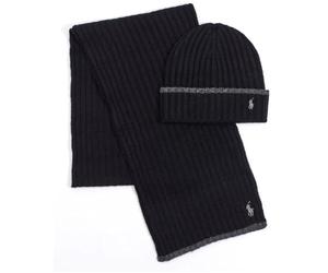 POLO RALPH LAUREN Mens Classic Ribbed hat and Scarf Set Black