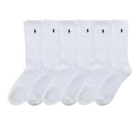 POLO RALPH LAUREN Men's Classic Sport Ribbed Crew Socks, 6 Pack Pair, White w/Navy Blue Pony Logo, Half Cushioned Sole, Size 10-13 / Shoe 6-12.5, Recycled Polyester/Spandex, ZP821005PK6N-WHNAV