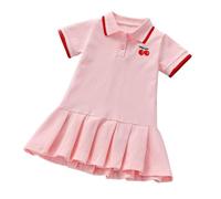 Polo Shirt Dresses Girls Soft Cotton Cherry Embroidery Mini Dress Short Sleeve Contrast Stripe Trim Casual Dress Pleated Hem Summer Dresses for Daily Wear School Pink 3 Years