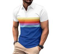 Polo Shirts for Men Adult Rainbow Stripe Color Block T-Shirts Short Sleeve Button Collared Casual Golf Tops Soft Breathable Regular Fit Tee Shirt Lightweight Summer Casual Turndown Collar T-Shirt