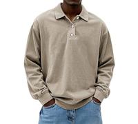 Polo Shirts for Men Adult Shirt Long Sleeve Soft Cotton Vintage Washed Relaxed Fit Button Shirt Casual Daily Comfortable Casual Outing Vacation Top (Khaki, XXL)