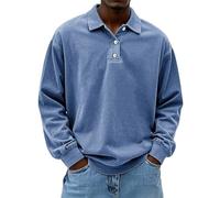 Polo Shirts for Men Adult Shirt Long Sleeve Soft Cotton Vintage Washed Relaxed Fit Button Shirt Casual Daily Comfortable Casual Outing Vacation Top (Blue, XL)