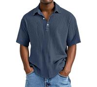 Polo Shirts for Men Textured Shirt Summer Short Sleeve Tees Beach Vacation Casual Loose Knit Button Down Golf Tops Ropa para Hombres(Navy, L)