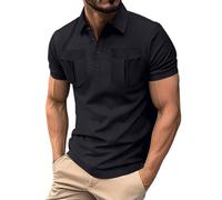 Polo Shirts for Men Utility Epaulettes Shirt with 2 Pockets Casual Button Business Work Tops for Travel Hiking Safari Camisas para Hombre(Z01-Black, L)