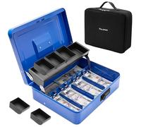 Polspag Cash Box with Bag & Combination Code, Metal Money Box with Money Tray, Large Locking Cash Boxes, Deluxe Lock Safe Box, Portable Cash Box with Adjustable Coin Box, 4 Bill 5 Coin Slots Blue