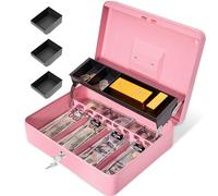 Polspag Cash Box with Lock and 2 Keys, Metal Cash Money Box with Cash Tray, Lock Safe Box, Portable Locking Cash Boxes, 4 Bill/5 Coin Slots, 11.8L x 9.5W x 3.5H Inches (Key-Pink)