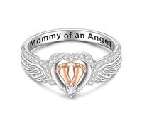 Poludatly Mommy Of An Angel Ring, Mom Loss Jewelry, Miscarriage Ring For Mothers, Heart Footprint Pregnancy Loss Jewelry, Exquisite Elegant Angel Wing Kids Feet Ring