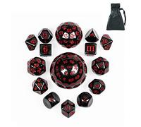 Poludie 15 Pieces Complete Polyhedral DND Dice Set D3-D100 Spherical D&D Dice Set with Dragon Eye Dice Bag, D100 Dice for RPG Table Games(Black w/Red Numbers)