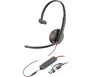 Poly Blackwire 3215 USB-C/A + Jack Headset with HD audio and acoustic protection, offering total flexibility thanks to its triple connectivity.