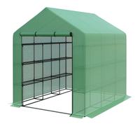 Poly Tunnel Steeple Walk in Garden Greenhouse with Removable Cover Shelves - Green 244 x 180 x 210cm
