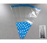 polybagstores PACK OF 10 - BLUE POLKA DOT - Unique Cellophane Cone Shape Sweet Party Bags 37cm x 18cm - Over 40 Designs With 4" twist ties