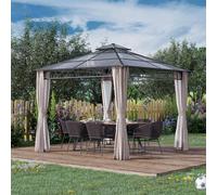 Outsunny 3 x 3 (m) Outdoor Polycarbonate Gazebo, Double Roof Hard Top Gazebo with Galvanized Steel Frame, Nettings & Curtains