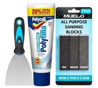 Polycell Polyfilla Ready Mixed Tube 396g All Purpose Filler Interior Exterior Plaster Wood Stone Cracks Holes Smooth Paste For Walls With Muelo Metal Wall Scraper Tool 3" & 3 Mixed Grit Sanding Blocks