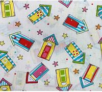 Polycotton Fabric - Beach Huts & Star Fish on Cream - Craft Fabric Material Metre (TC7757)
