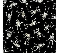 Polycotton Fabric Black White Orange Skulls Bats Spiders Scary Halloween Gothic (BONEBODS ON Black) (ONE - METRE)