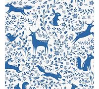 Polycotton Fabric Christmas Prancing Forest Animals Winter Woodland Fox Deer - Blue (Per Metre)