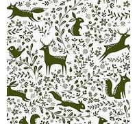 Polycotton Fabric Christmas Prancing Forest Animals Winter Woodland Fox Deer - Green (Per Metre)