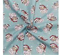 Polycotton Fabric Christmas Santa Faces Father Xmas Stars Festive - Sky (Price Per Metre)