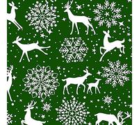 Polycotton Fabric Christmas Snowflakes Reindeer Festive Xmas - Green (Per Metre)