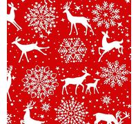 Polycotton Fabric Christmas Snowflakes Reindeer Festive Xmas - Red (Per Metre)
