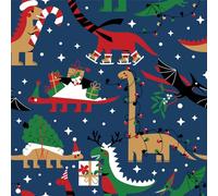 Polycotton Fabric Deco Dinos Dinosaur Lights Party Christmas Festive (Sold Per Metre) (Navy)